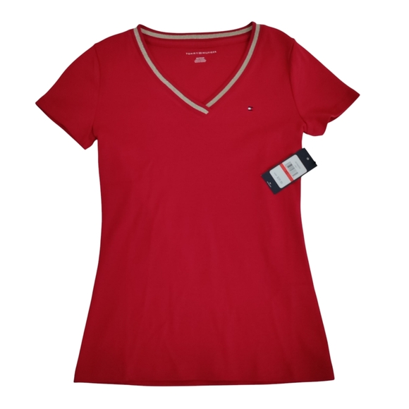 Tommy Hilfiger Collared Striped V-neck Pullover T-shirt - Picture 1 of 9